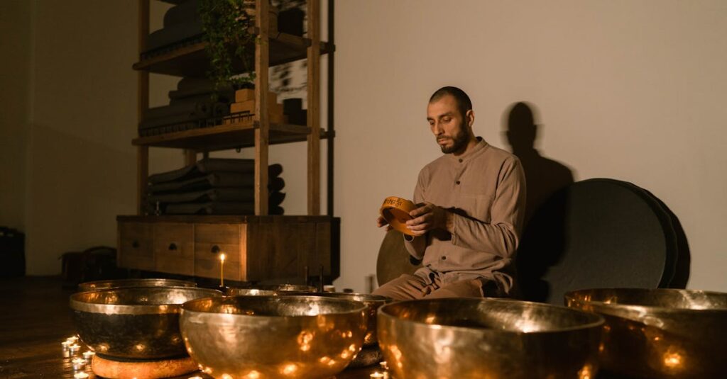 ヨガスタジオの照明や音楽が眠気に与える影響を表すリラックス空間のイメージ画像